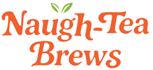 Naugh-Tea Brews logo with orange text on a white background
